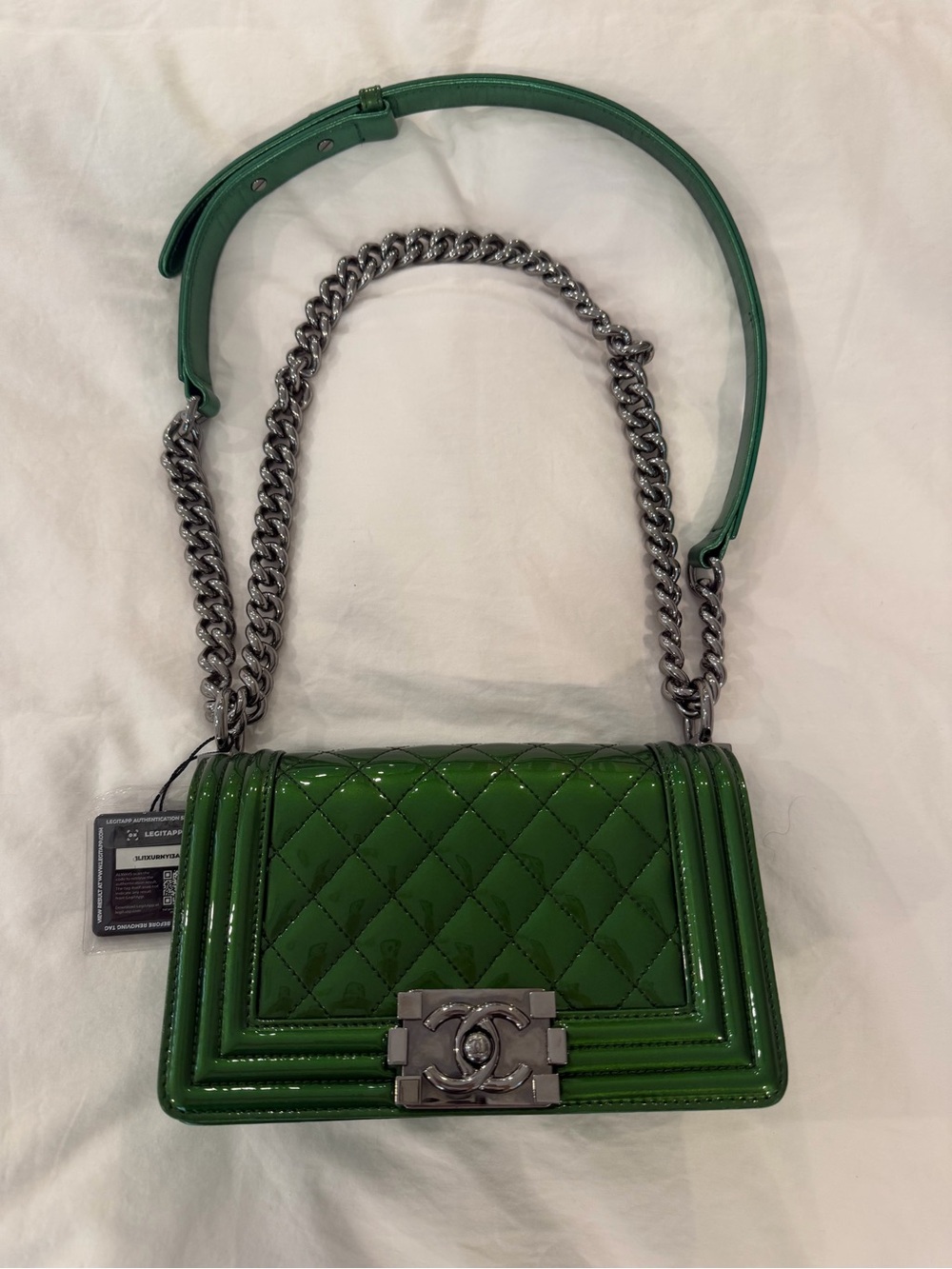 CHANEL Green Quilted Patent Leather Boy Bag with Silver Chain
